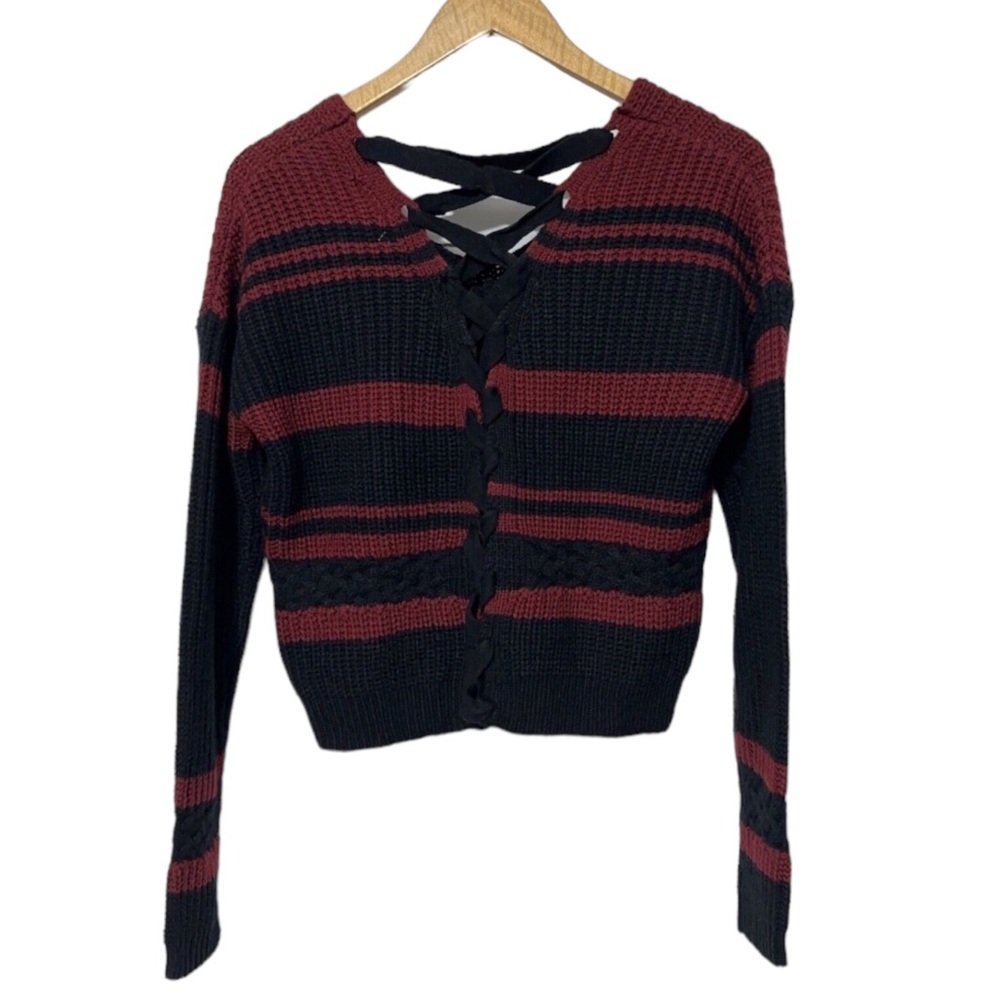 NWT Derek Hart Womens Striped Lace Up Back Sweater